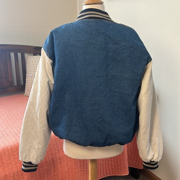 Vintage Denim Trucker Varsity Bomber Jacket Puff Quilted lining Mens Large - Picture 3 of 16